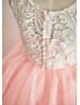 Ivory Lace Peach Pink Tulle Knee Length Flower Girl Dress
